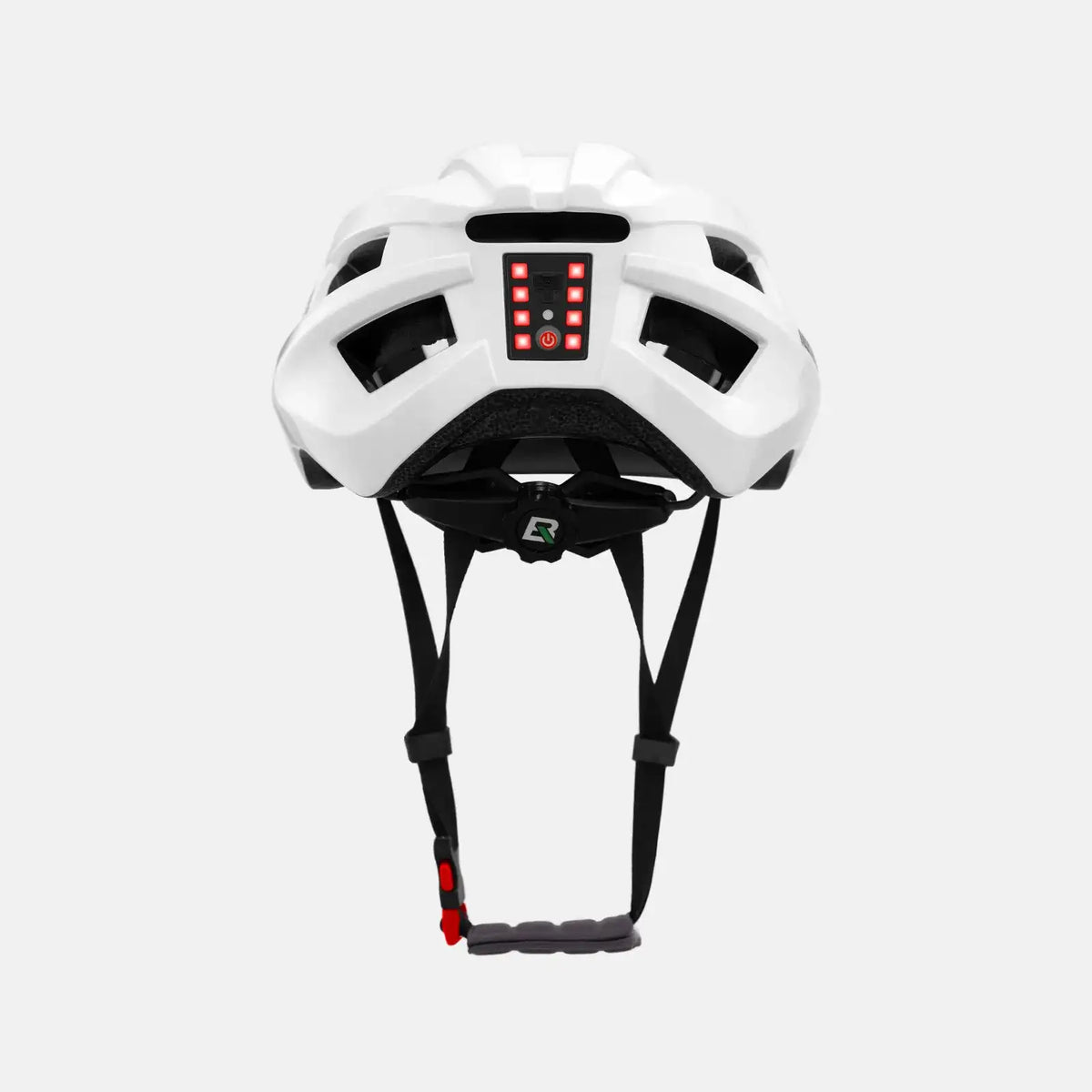 White bicycle helmet with rear LED panel and adjustable chin straps
