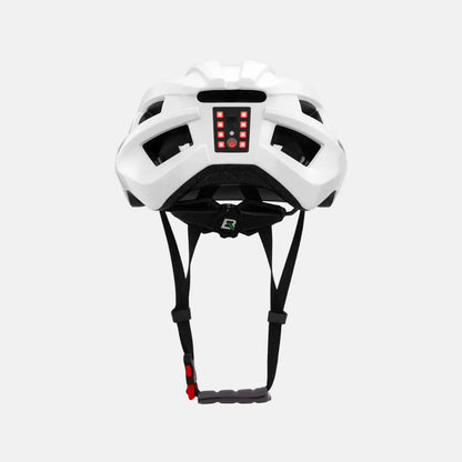 White bicycle helmet with rear LED panel and adjustable chin straps