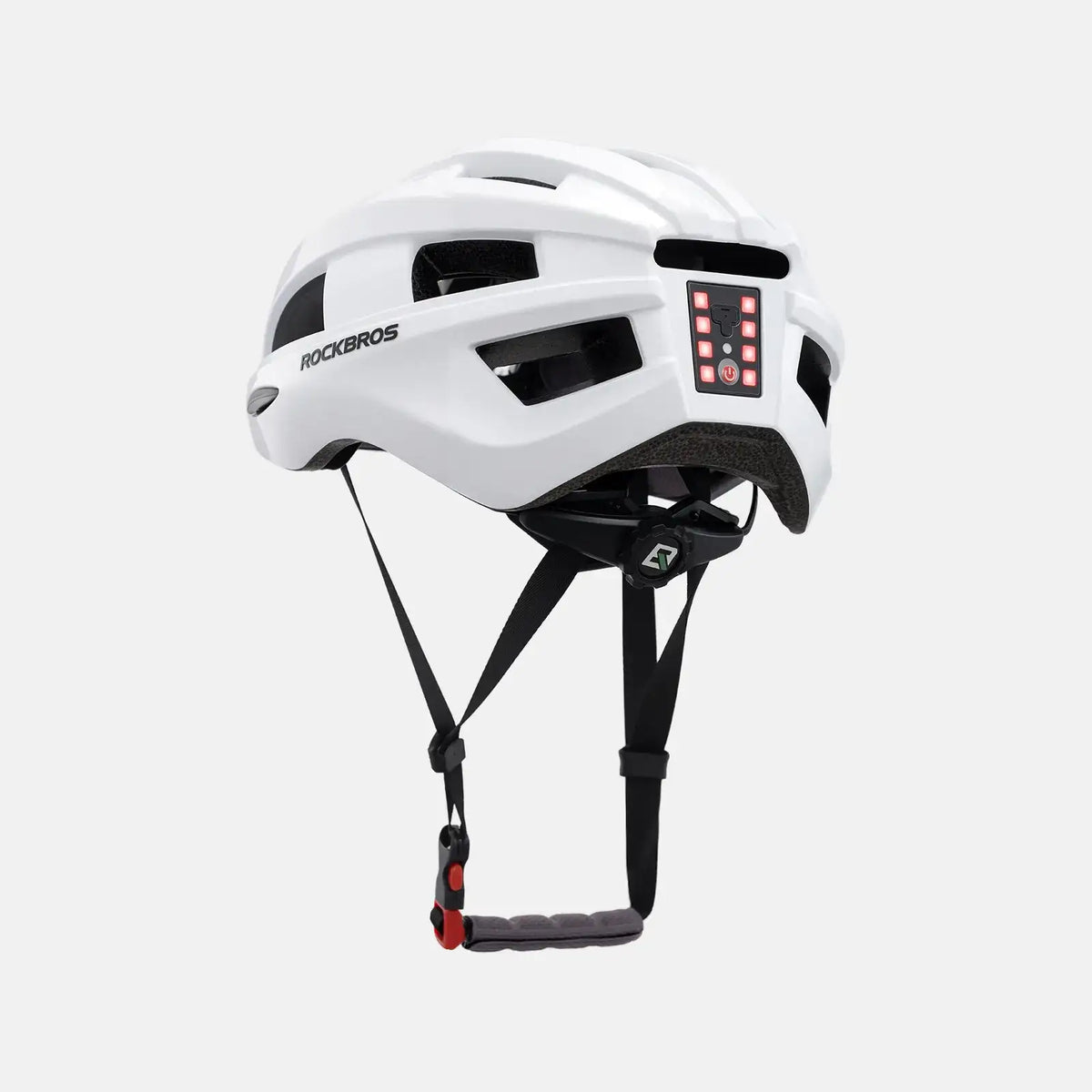 White cycling helmet with rear LED light and black webbing chin straps