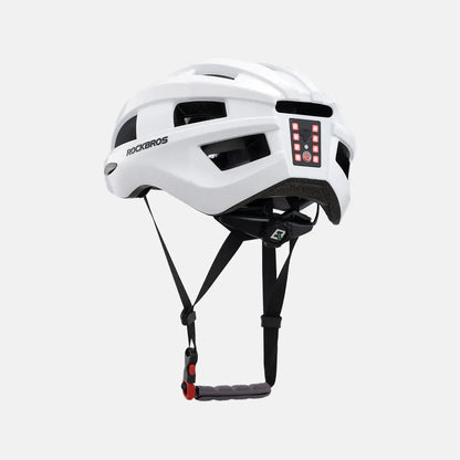 White cycling helmet with rear LED light and black webbing chin straps