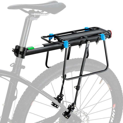 Rear aluminum bike rack with quick-release clamps and black tubular frame