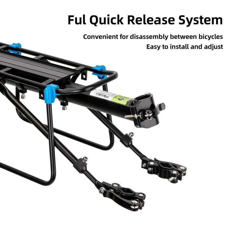 Quick-release rear bike rack with black frame and blue release knobs