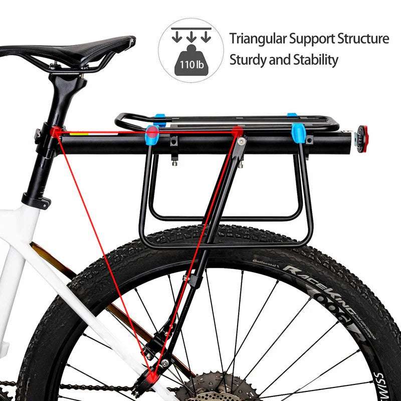 Rear bike rack with triangular support bars and black frame