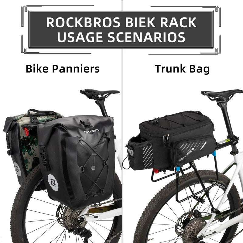Rear bike rack mounted on bicycle with black trunk bag and pannier bag