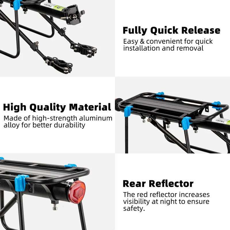 Rear bike rack with black frame and red reflector for visibility
