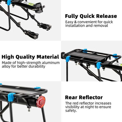 Rear bike rack with black frame and red reflector for visibility