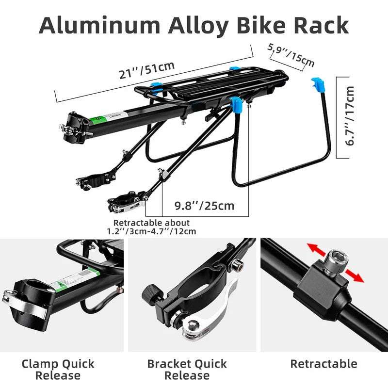 Aluminum alloy rear bike rack with retractable and quick-release clamp parts