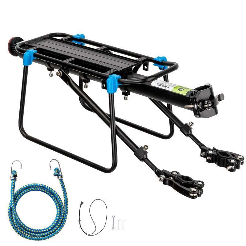 Rear bike cargo rack with black rails, blue knobs, and quick-release hardware