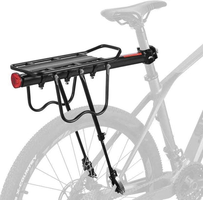 Quick-release rear bike rack in black with red reflector, mounted on bicycle