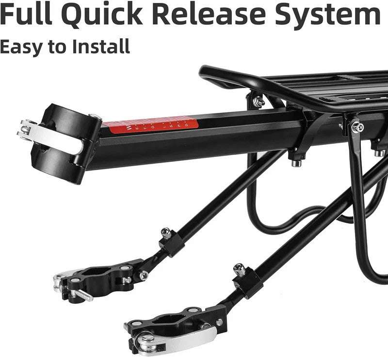 Quick-release rear bike rack close-up showing latch and adjustable mounting brackets