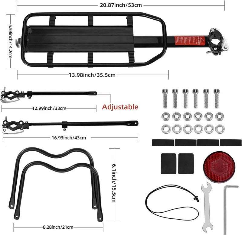 Black rear bike rack with hardware kit and red reflector, shown with size diagram