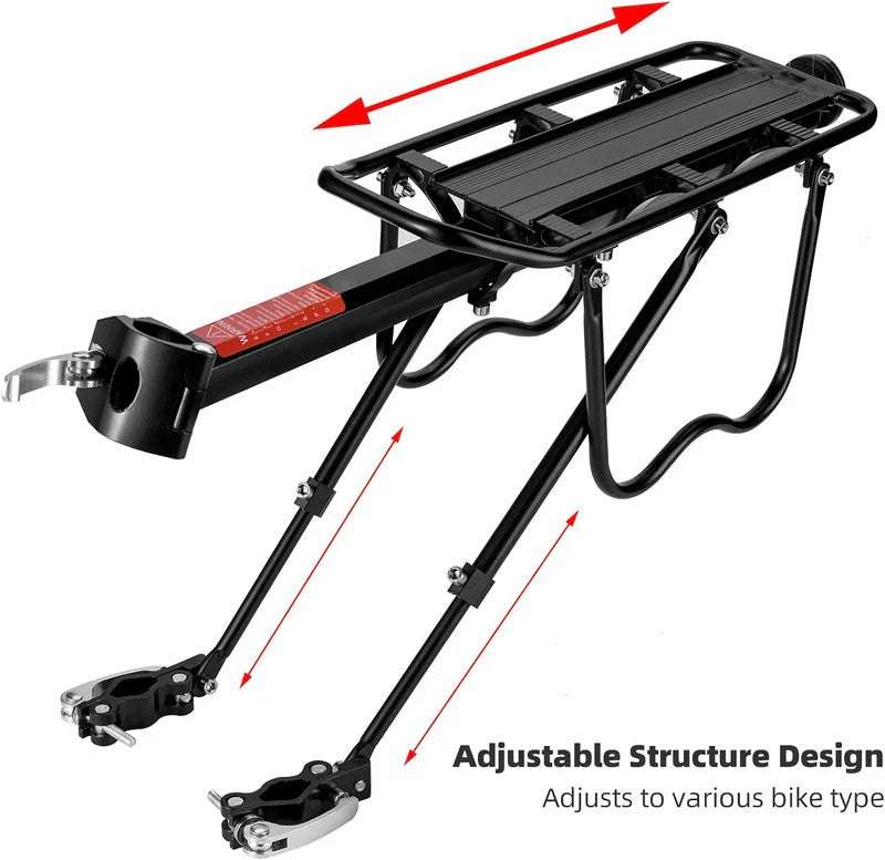 Black rear bike rack with quick-release clamp and adjustable support bars