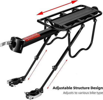 Black rear bike rack with quick-release clamp and adjustable support bars