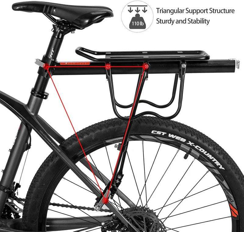 Quick-release rear bike rack on bicycle with triangular support and red stripe