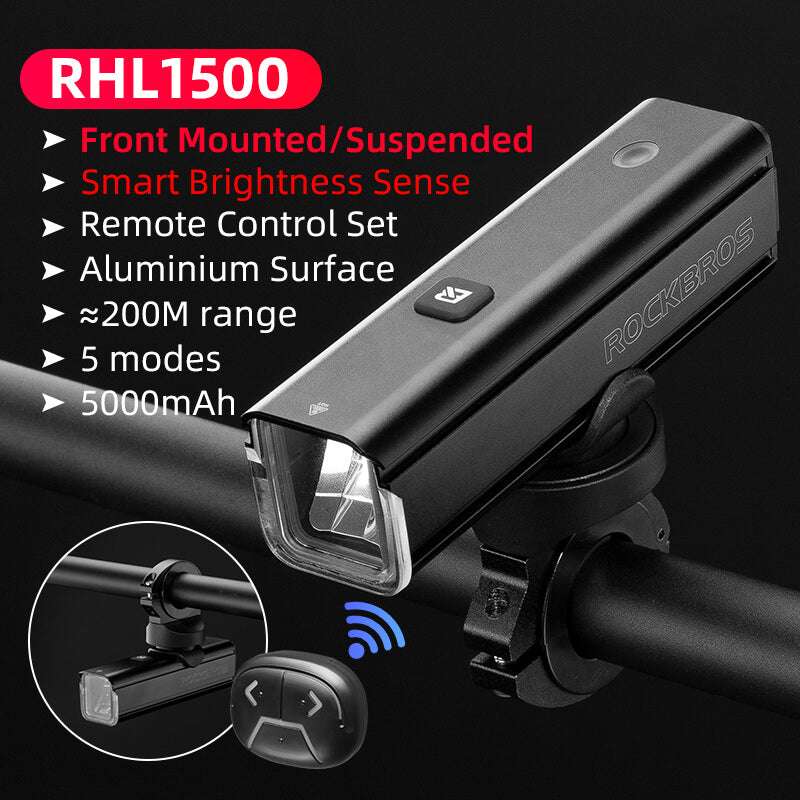 ROCKBROS bike front light on handlebar mount, with small remote control nearby