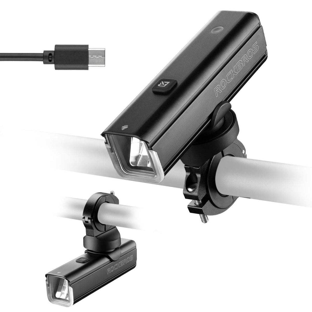 ROCKBROS bike front light with black housing, front lens, and handlebar mounting bracket