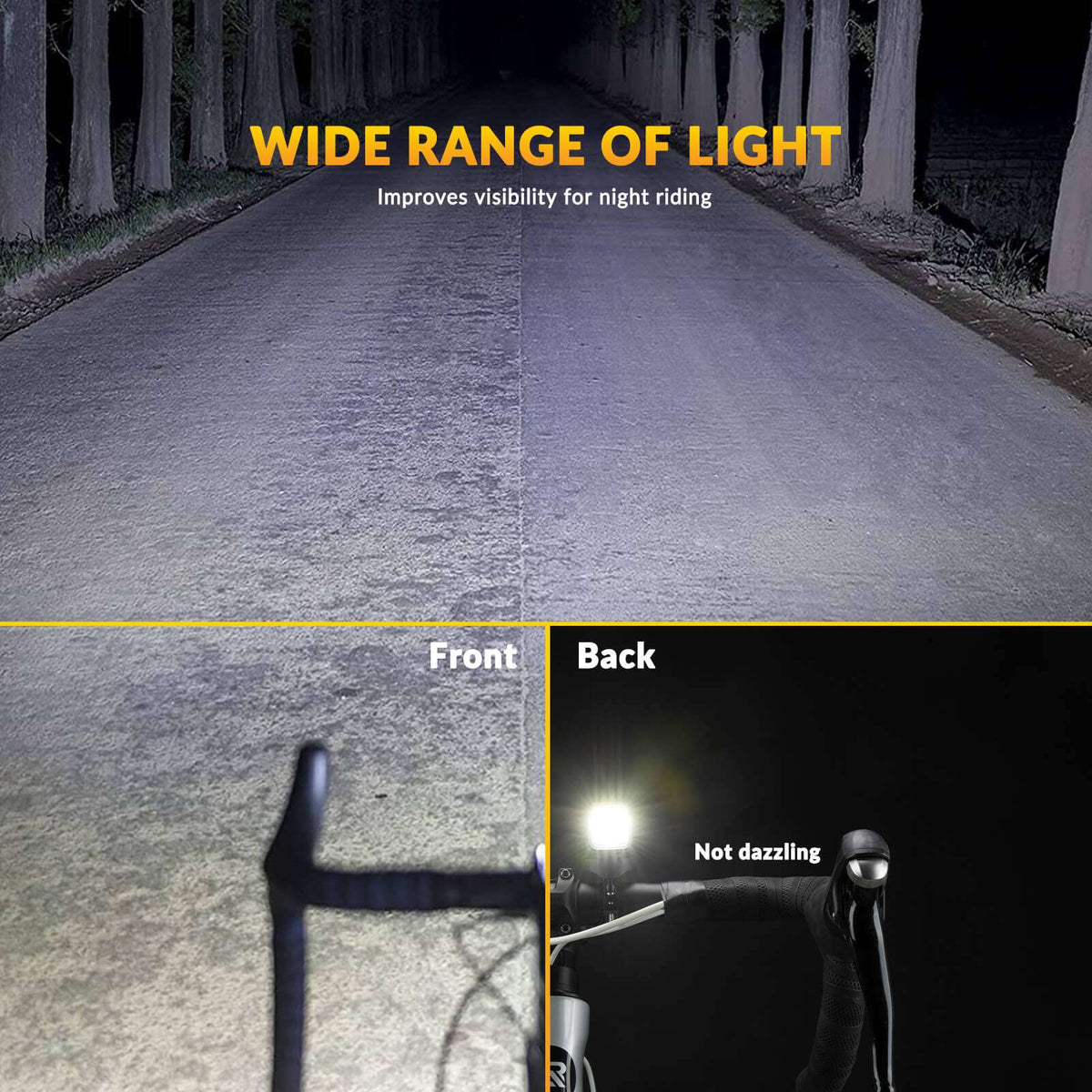 ROCKBROS bike headlight casting a wide beam on a dark road surface at night