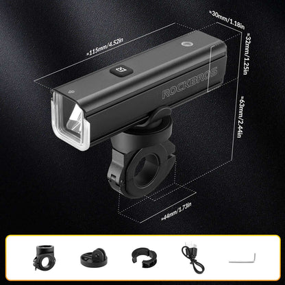 ROCKBROS bike front light with black housing, front lens, and included mounting pieces