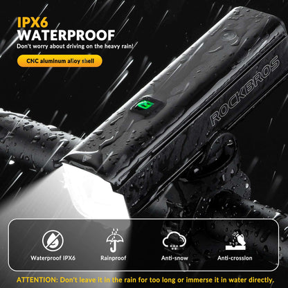 ROCKBROS bike front light with water-splash droplets, black housing and front lens