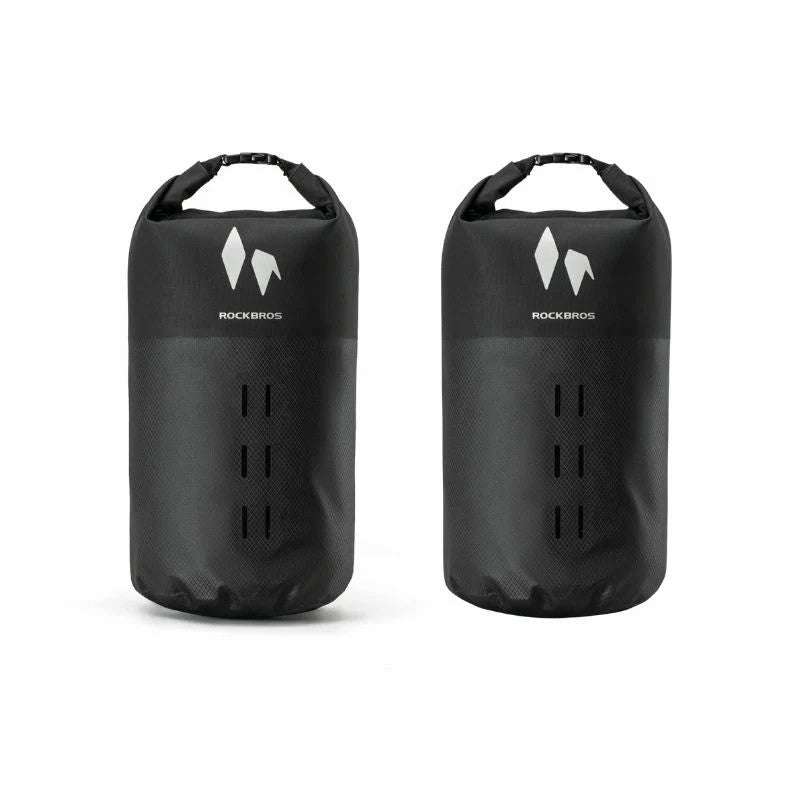 ROCKBROS waterproof front fork rack bags, two black roll-top bags with vent panels