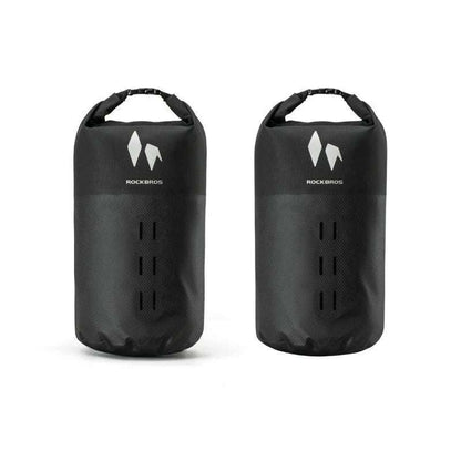 ROCKBROS waterproof front fork rack bags, two black roll-top bags with vent panels