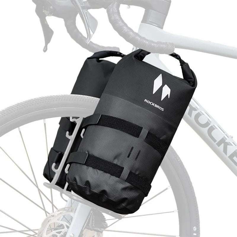ROCKBROS fork rack bag mounted on bicycle, black roll-top with front straps and logo
