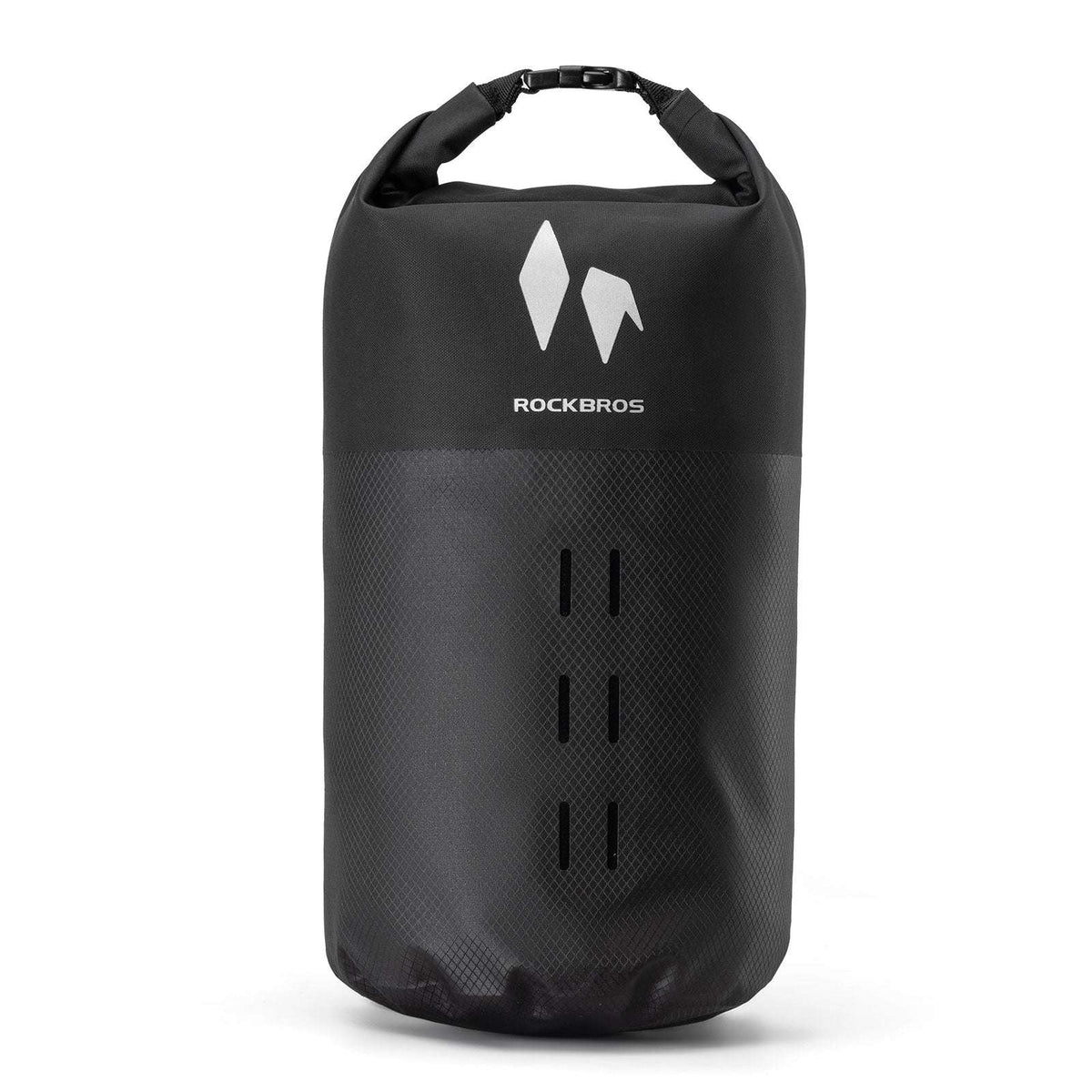 ROCKBROS waterproof front fork rack bag, black roll-top with ROCKBROS logo and straps