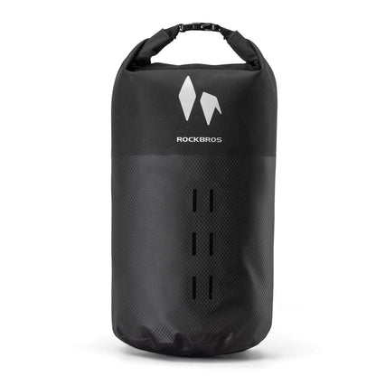 ROCKBROS waterproof front fork rack bag, black roll-top with ROCKBROS logo and straps