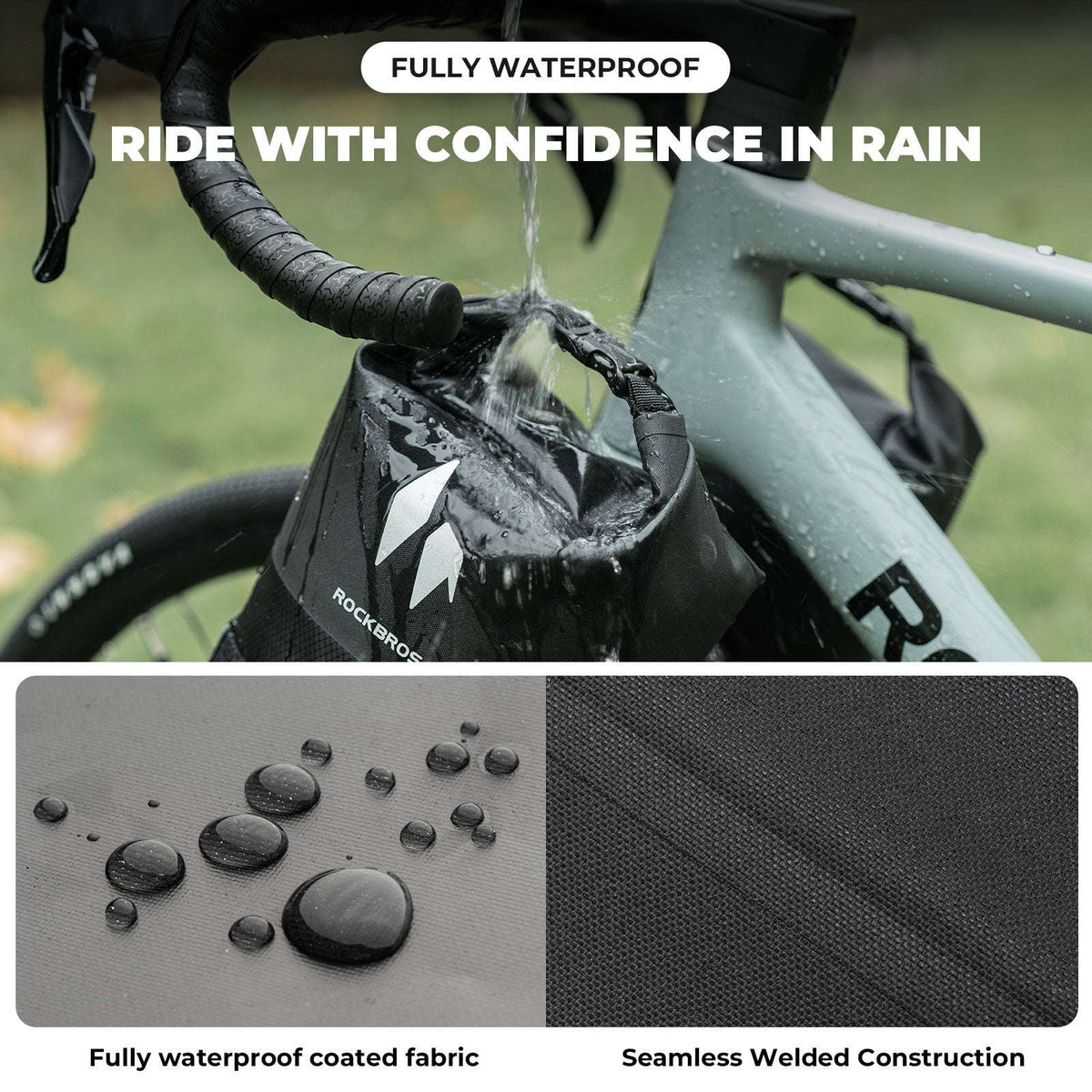 ROCKBROS waterproof front fork rack bag, black roll-top with logo, shown in rain