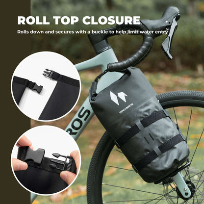 ROCKBROS roll-top front fork rack bag with buckle straps, black with logo and vents