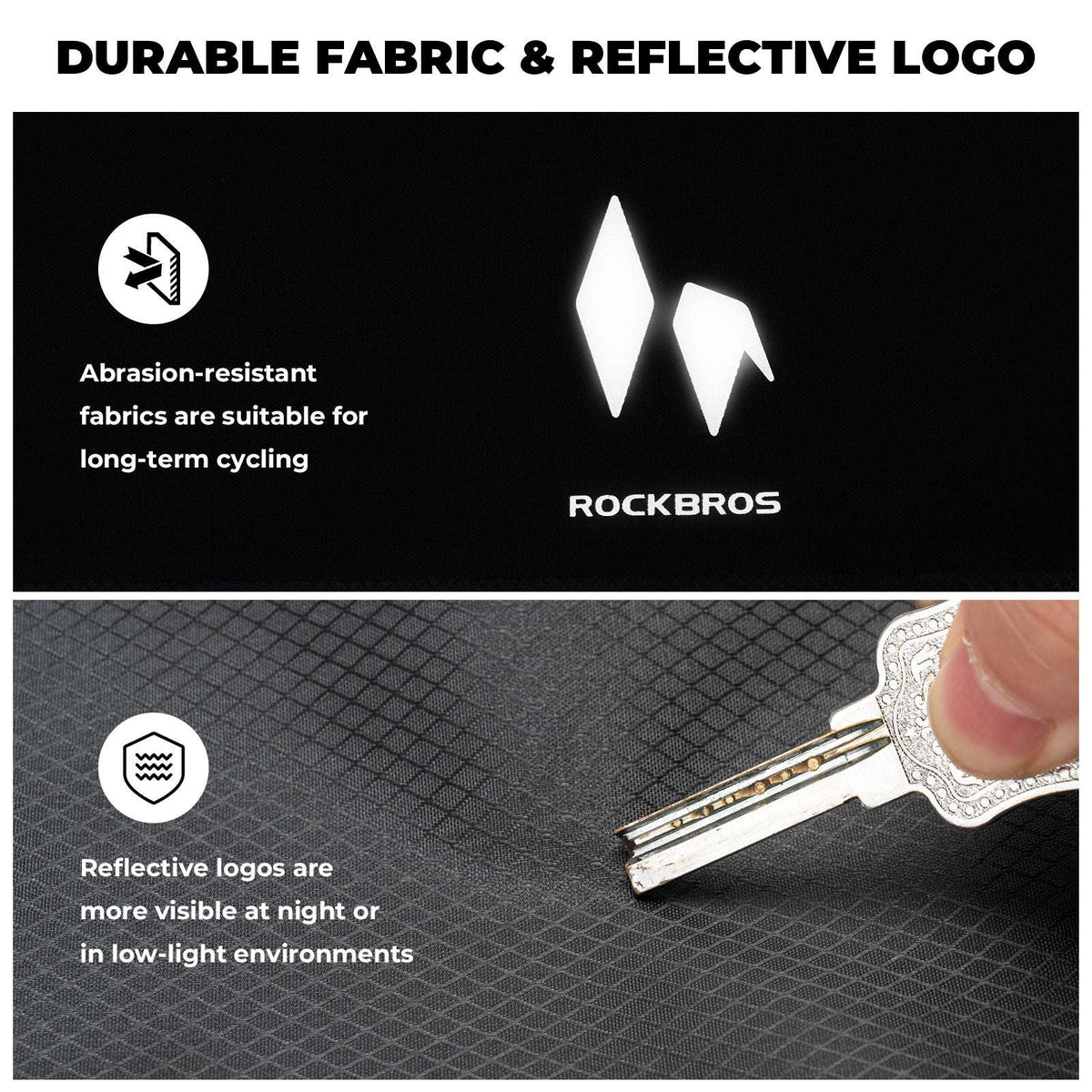 ROCKBROS front fork rack bag fabric close-up, black textured material with reflective logo