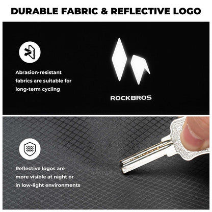ROCKBROS front fork rack bag fabric close-up, black textured material with reflective logo