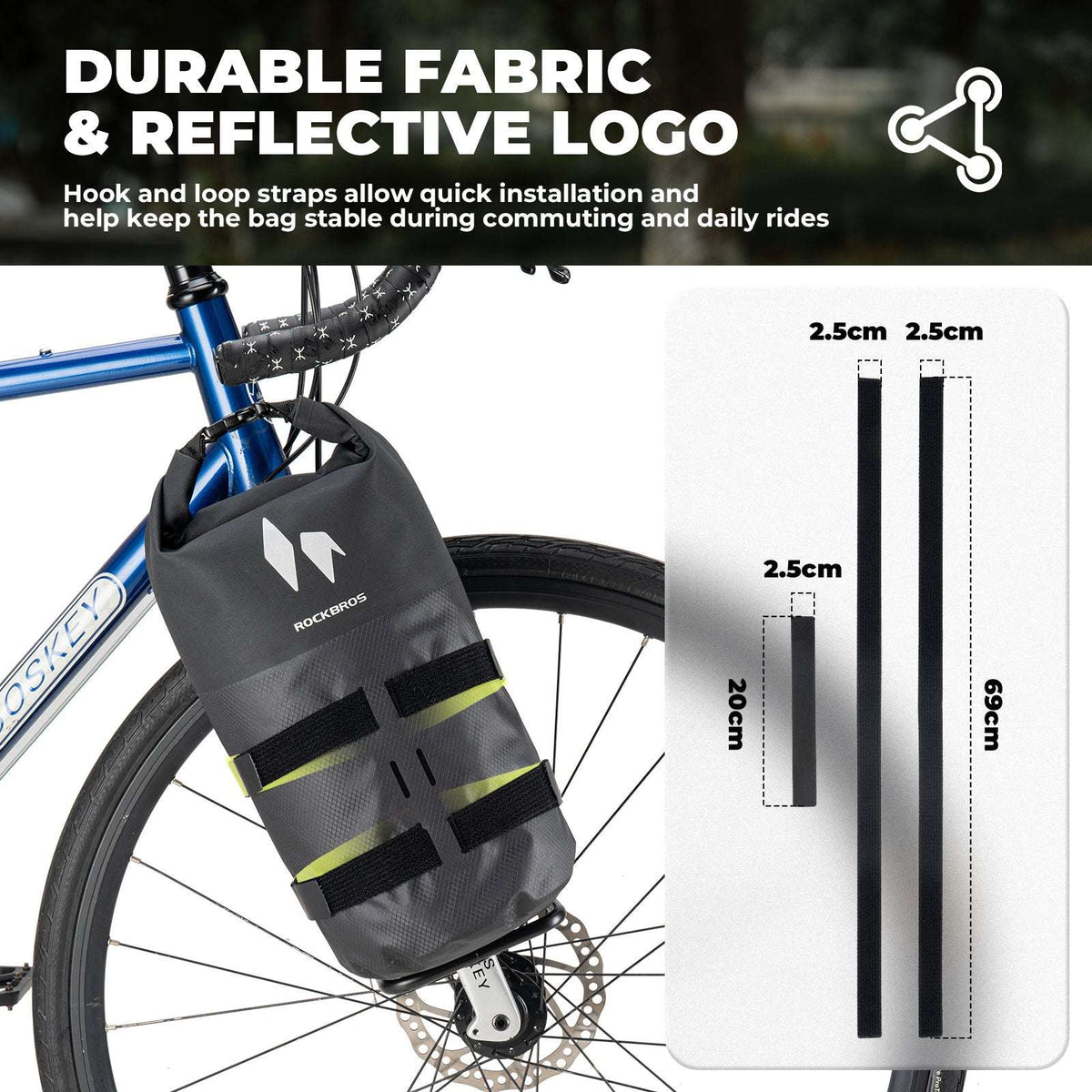 ROCKBROS front fork rack bag on bike, black with reflective band and multiple tie straps