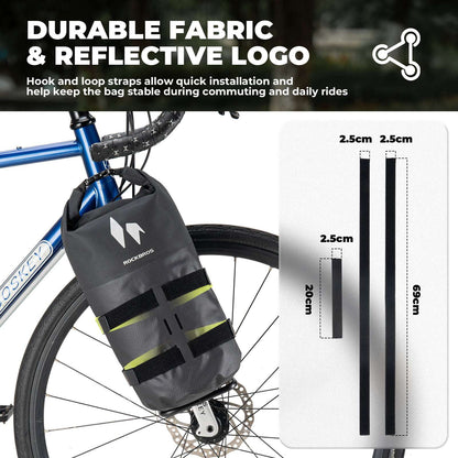 ROCKBROS front fork rack bag on bike, black with reflective band and multiple tie straps