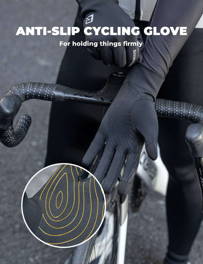 Dark full-finger cycling glove with textured palm grip, holding bicycle handlebars