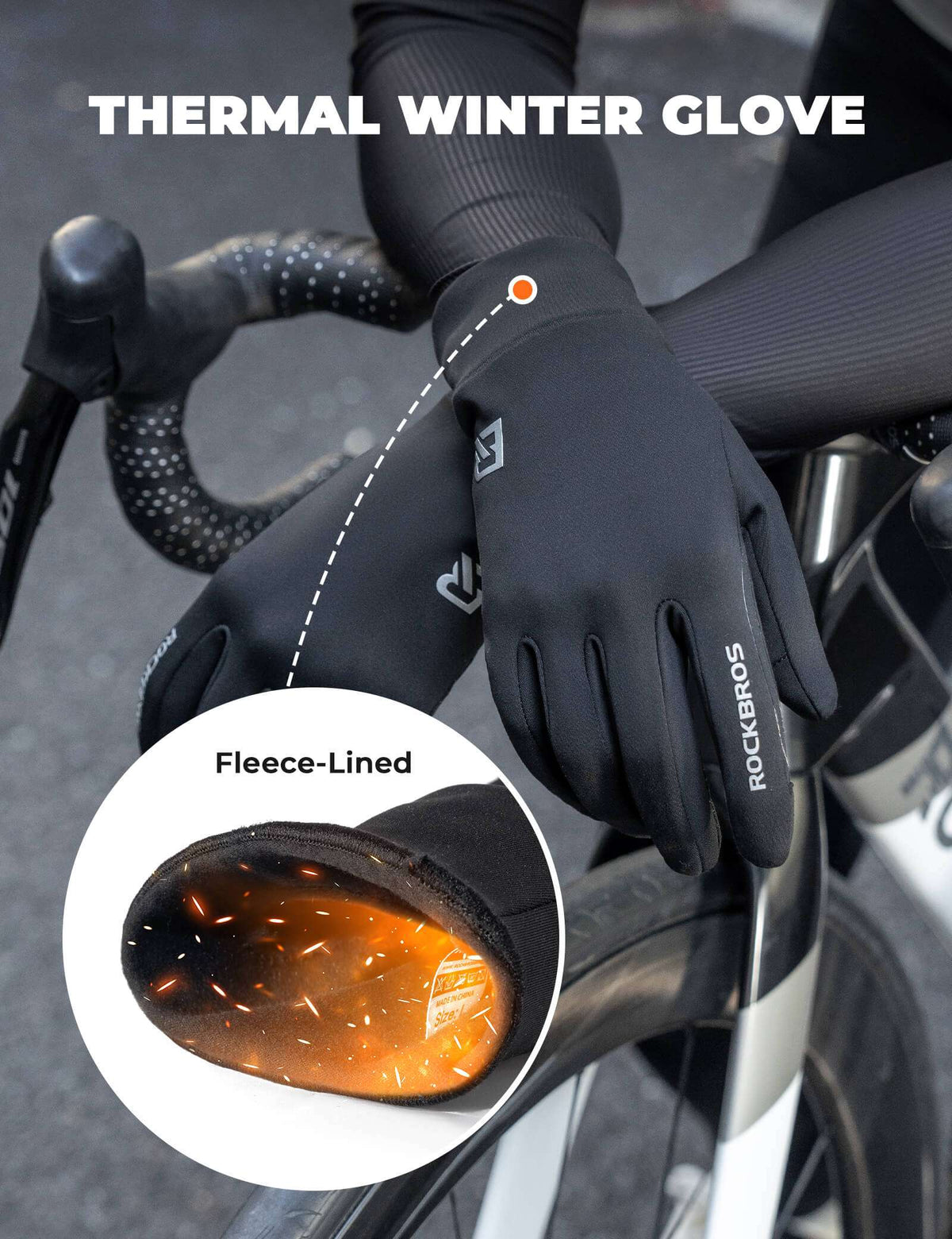 Black thermal winter cycling gloves with fleece-lined interior, close-up