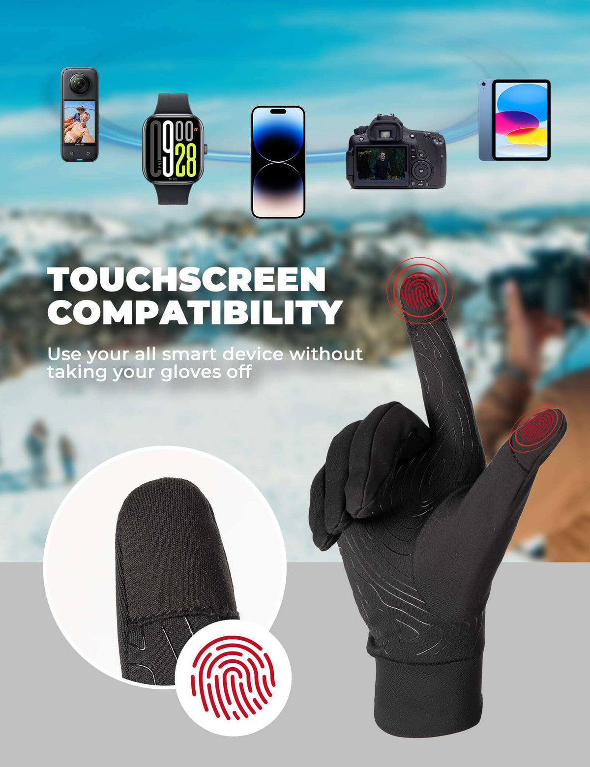 Black touchscreen-compatible cycling gloves with textured finger tips and logo