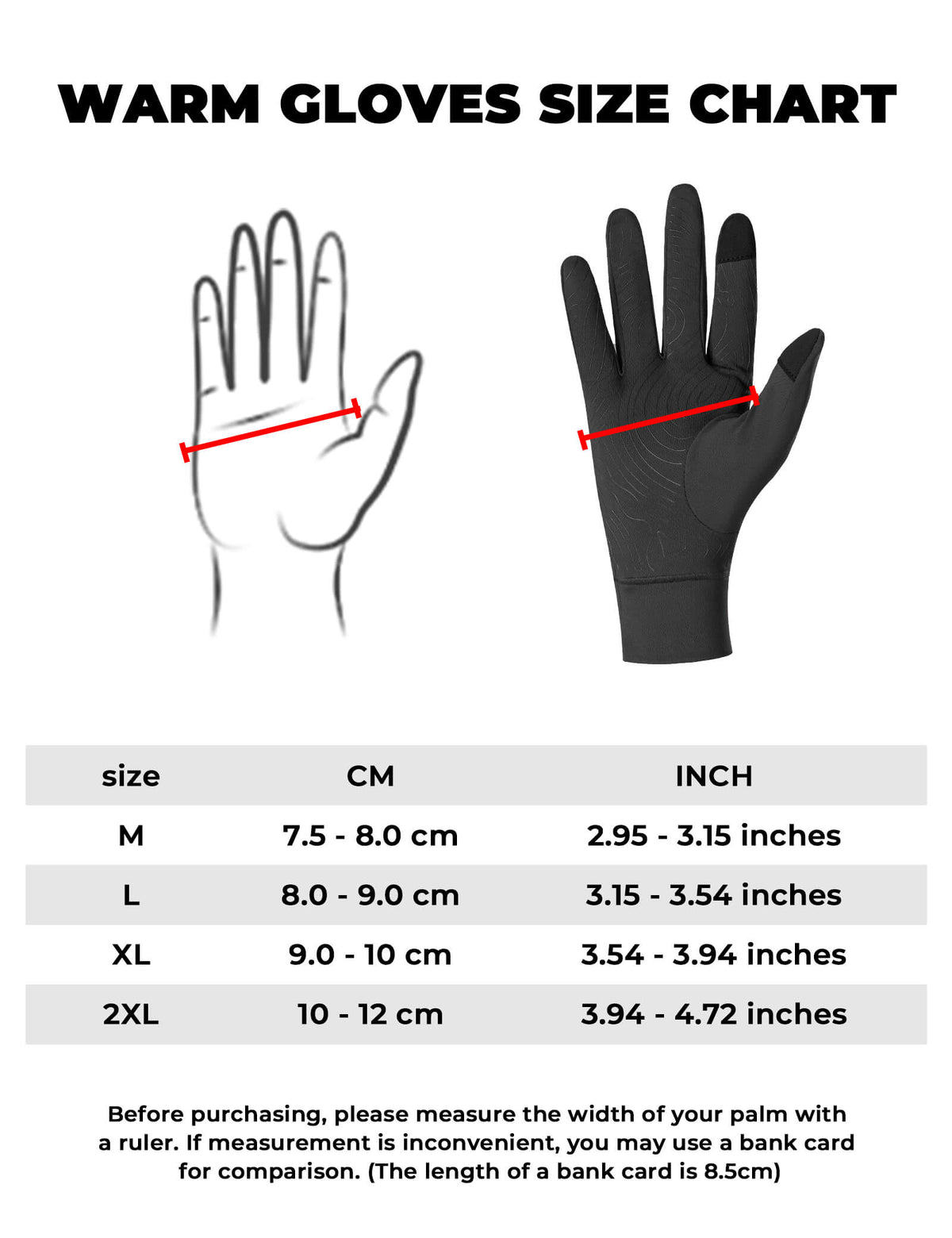 ROCKBROS warm gloves size chart for CM and INCH, glove width guide