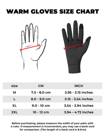 ROCKBROS warm gloves size chart for CM and INCH, glove width guide