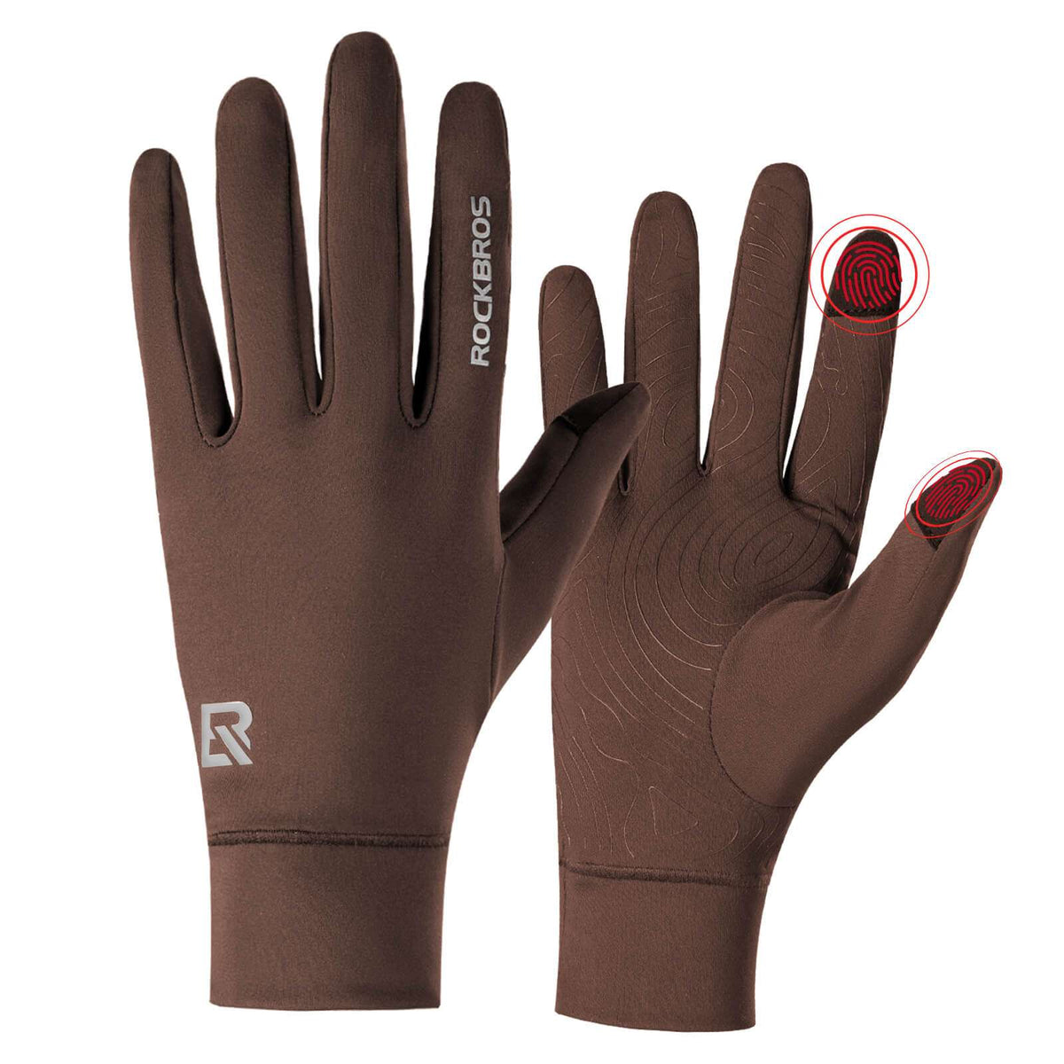 ROCKBROS full-finger winter cycling gloves, brown with grippy palm and logo