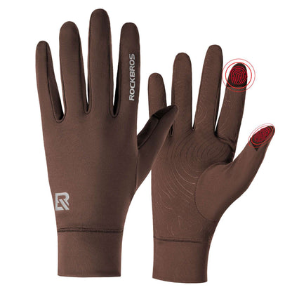 ROCKBROS full-finger winter cycling gloves, brown with grippy palm and logo