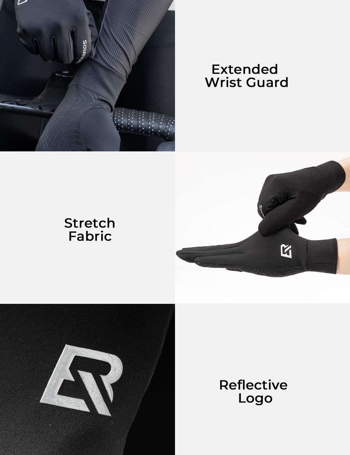 Black cycling gloves with extended wrist guard, stretch fabric, and reflective logo