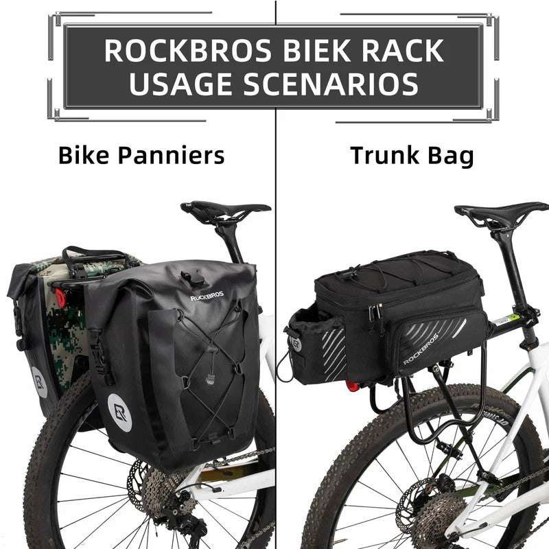 ROCKBROS rear bike rack with pannier bags attached, black frame and platform