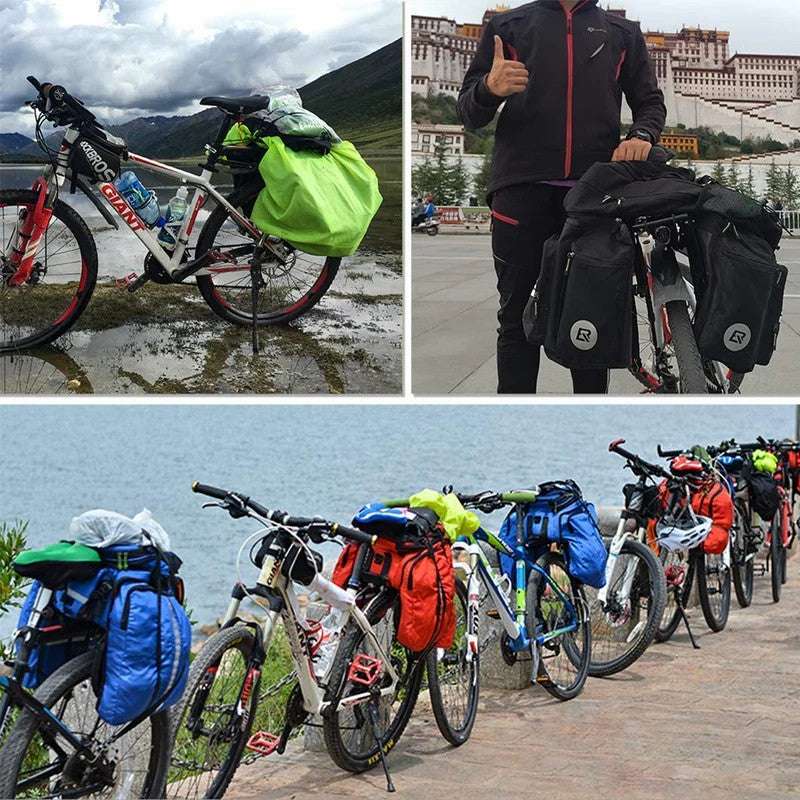 Multiple bikes with ROCKBROS rear racks carrying panniers, black frames and platforms