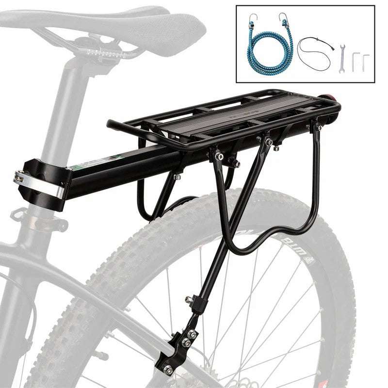 ROCKBROS rear bike rack, black tubular frame and flat cargo platform on seatpost
