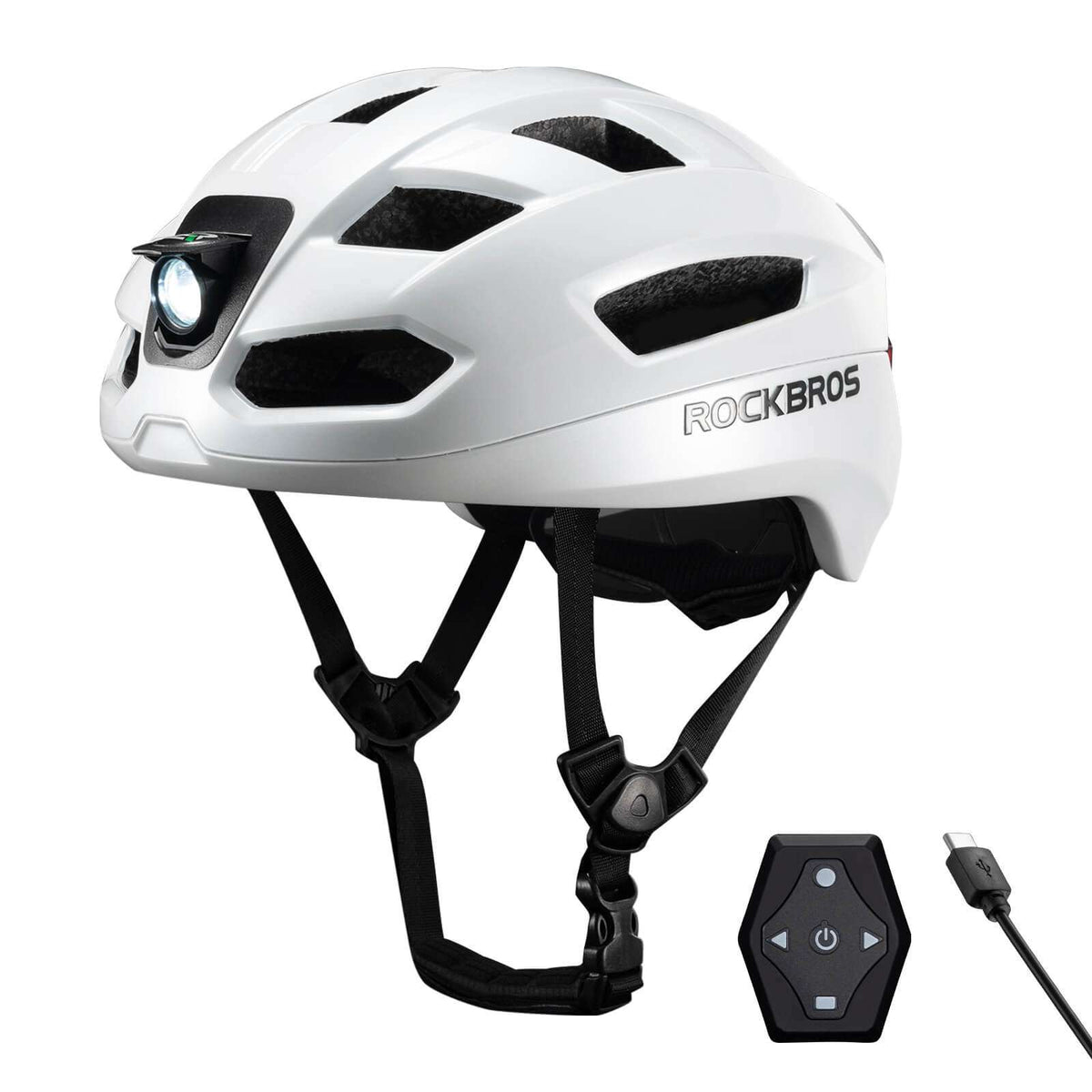 White smart bike helmet with front headlight, black straps, and remote turn-signal fob