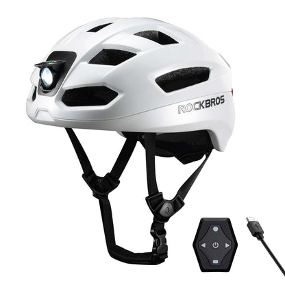 White smart bike helmet with front headlight, black straps, and remote turn-signal fob