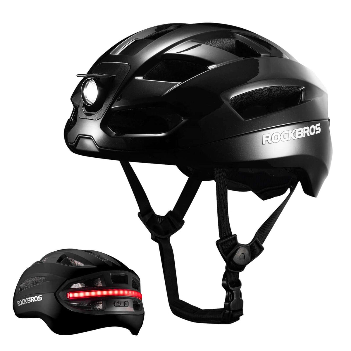 Black smart bike helmet with front headlight, red LED rear bar, and compact helmet