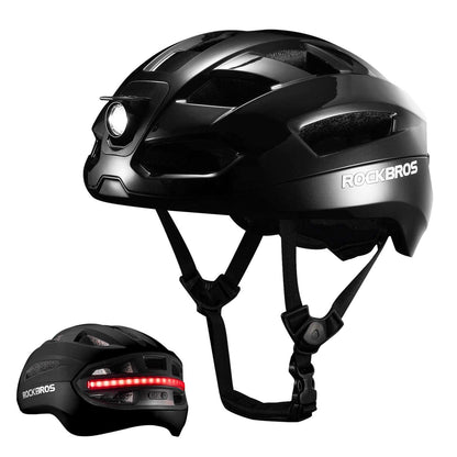 Black smart bike helmet with front headlight, red LED rear bar, and compact helmet