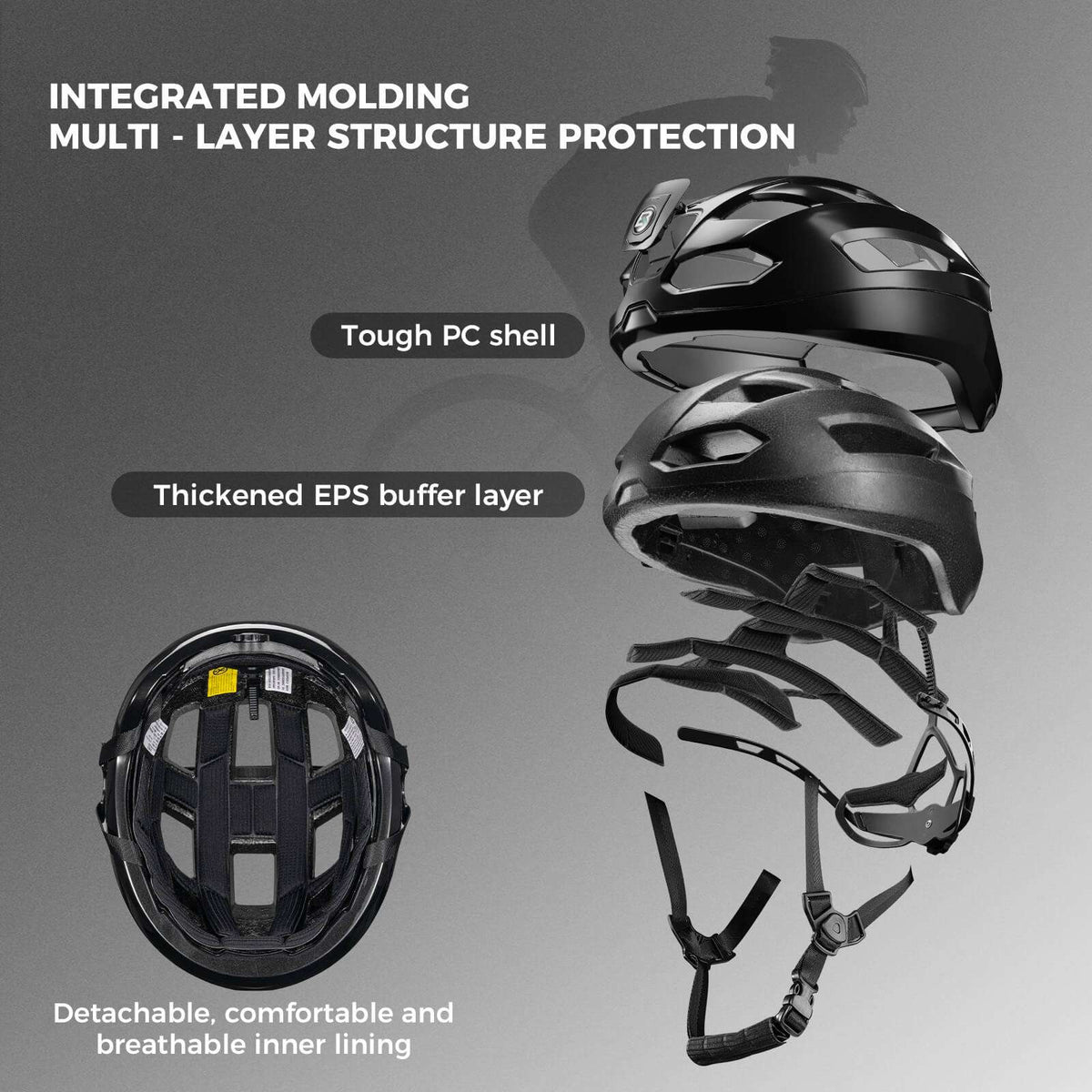 Bike helmet with tough PC shell, EPS layer, and detachable inner lining view